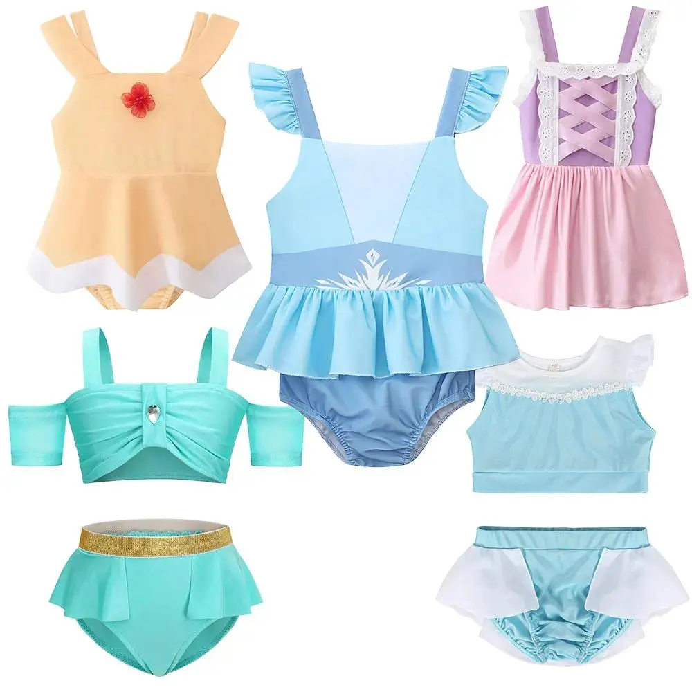 Baby Girl Fancy Princess-Themed 1-Piece Swimsuit, Elsa Jasmine Belle Character Bodysuit, Kid's Pool Party Bathing Outfit, One-Pieces