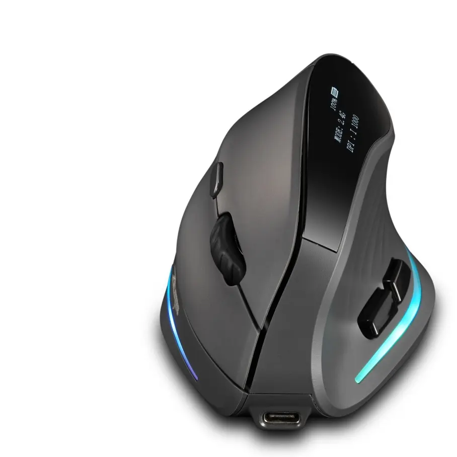 Ergonomic Vertical Gaming Mouse, BT Tri-Mode Rechargeable Wireless, Silent, LED Backlit, Programmable, with Receiver Storage Slot
