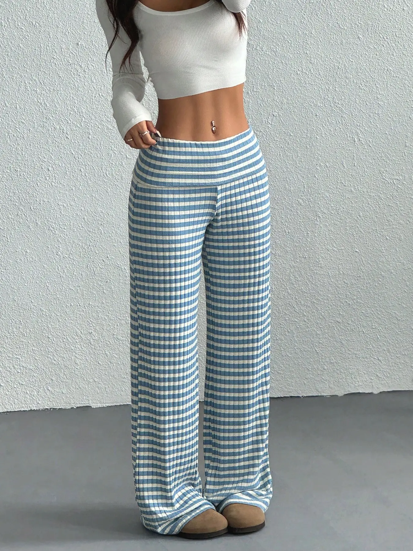 Aesthetic Gingham Ribbed Knit Wide Leg Loose Oversize Pants Women's Casual Loungewear Trousers Cute Aesthetic, Cozy Loungewear, Soft Ribbed Knit, Flowy Vintage-Inspired, Casual Comfy Trousers