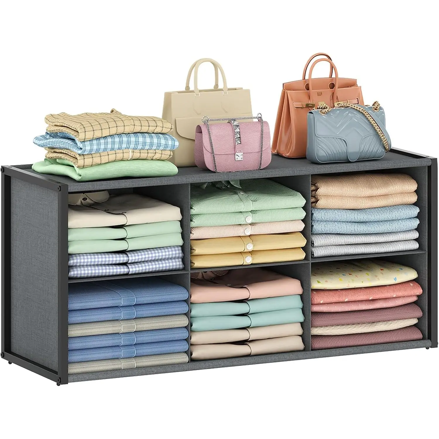 Stackable Closet Organizer Shelf,6 Cube Bins Storage Basket for Clothes, Handbags Sweaters Jeans Pants Shirt, Space Saving Closet Organizer for Bedroom Wardobe, Closet System-Grey