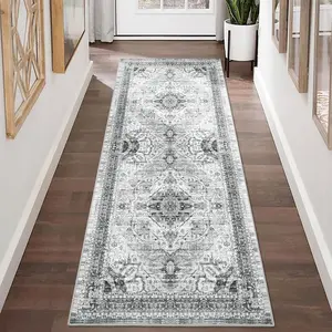 GARVEEArea Rug 2x6 Low-Pile Vintage Rug with Non-Slip Backing, Machine Washable, Indoor Non-Shedding Floor Rug for Living Room, Bedroom, Kitchen, Laundry, Home Office in Grey, Blue, Taupe