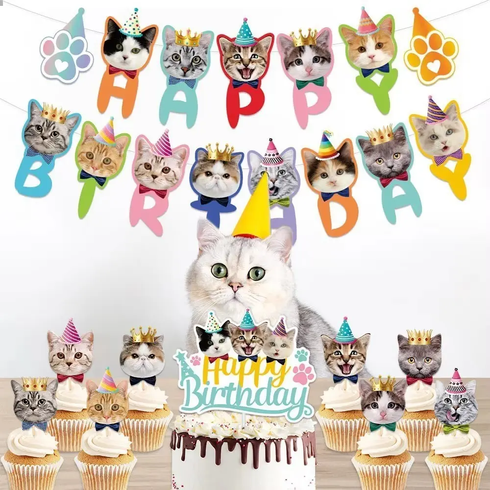 11pcs Pet Cat Theme Birthday Party Decor Set, Party Pack, Includes Banner and Cake Kit, Perfect for Cat Birthday Party Decoration