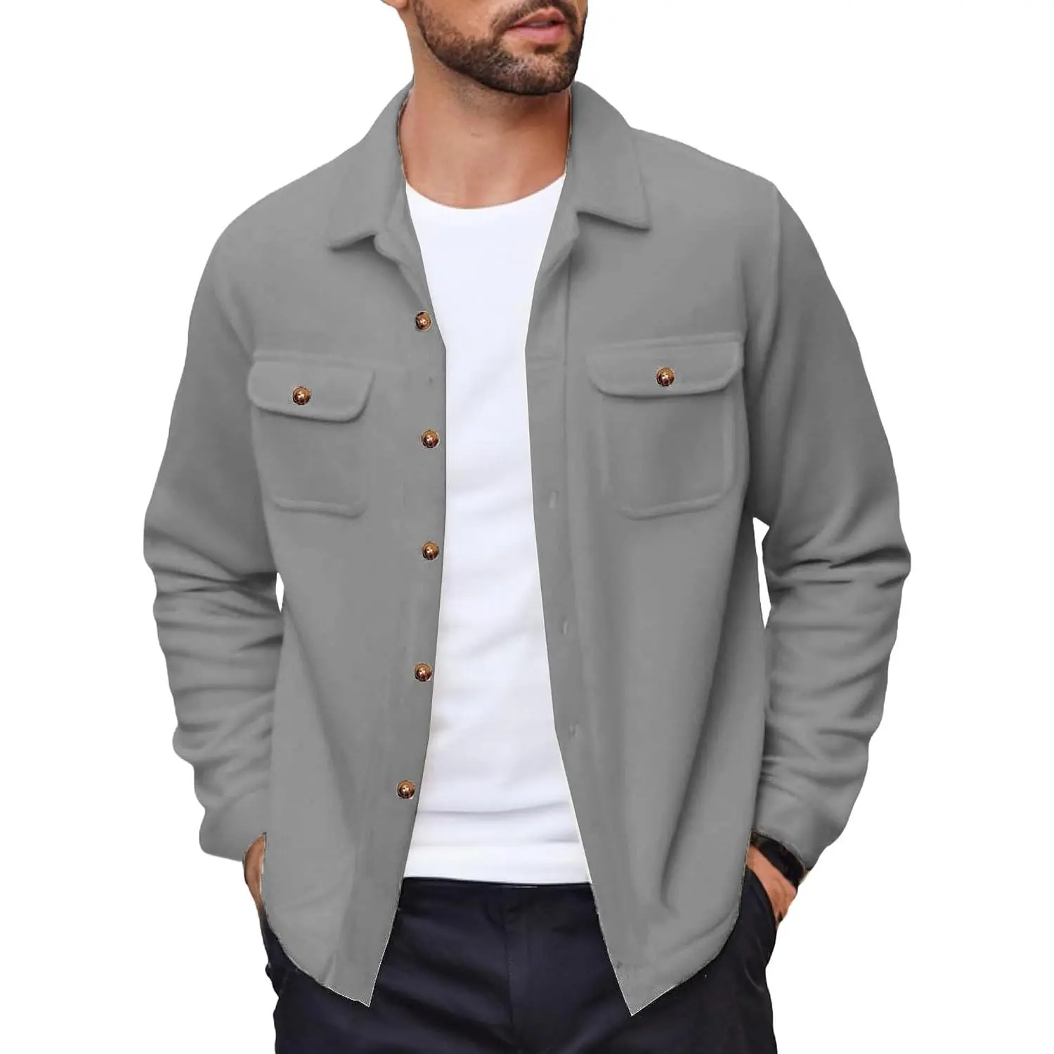 Men's Polar Fleece Shacket Long Sleeve Casual Button Down Shirt Jacket with Pockets