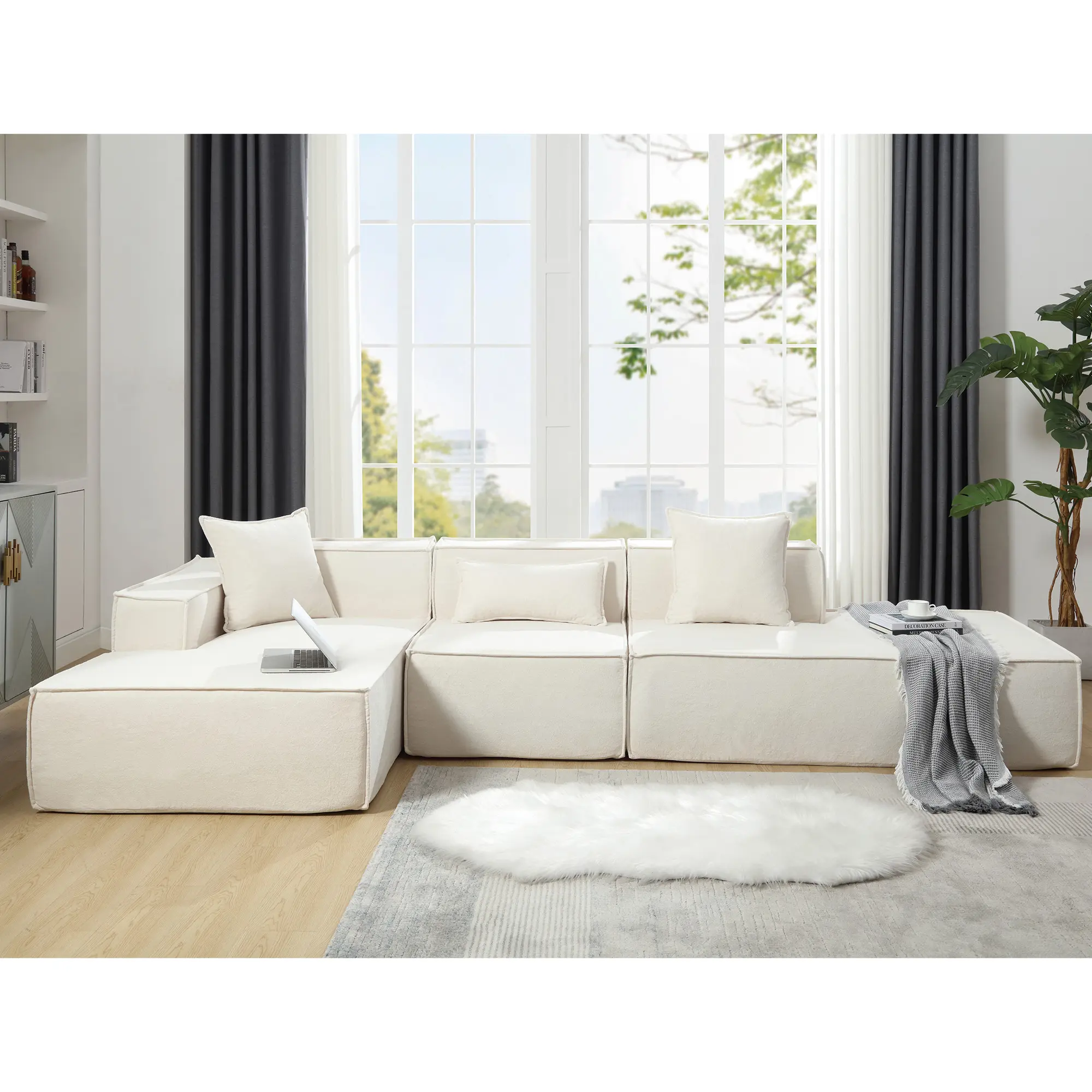 ARCH Modular L-Shaped Living Room Sofa Set Modern Minimalist Tofu Block Sofa Left-Hand Facing Terrycloth Fabric Beige Couch for Living Room Apartment Easy Assembly No Tools Needed, Living Room Furniture for Apartment, Lounge, Family Room