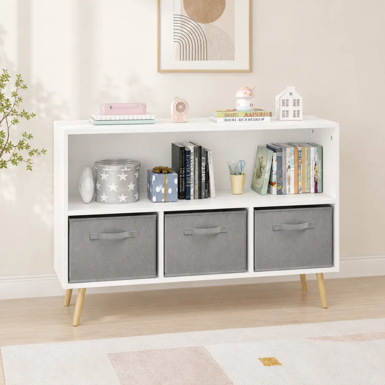 Littleox Kids Bookshelf with 3 Fabric Storage Drawers for Playrooms — Anti-Toppling Safety Design, Odorless Eco-Friendly MDF Bookcase for Preschoolers & Toddlers in Living Rooms