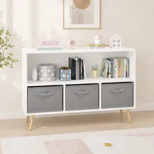 Littleox Kids Bookshelf with 3 Fabric Storage Drawers for Playrooms — Anti-Toppling Safety Design, Odorless Eco-Friendly MDF Bookcase for Preschoolers & Toddlers in Living Rooms