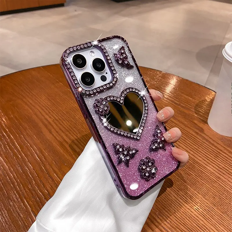 iPhone 17 Pro Max Case, Cute Heart Mirror Phone Case with Rhinestone Glitter Electroplated Design, Slim Shockproof Protective Cover for iPhone 16 15 14 13, Luxury Sparkly Phone Accessories for Women Daily Use
