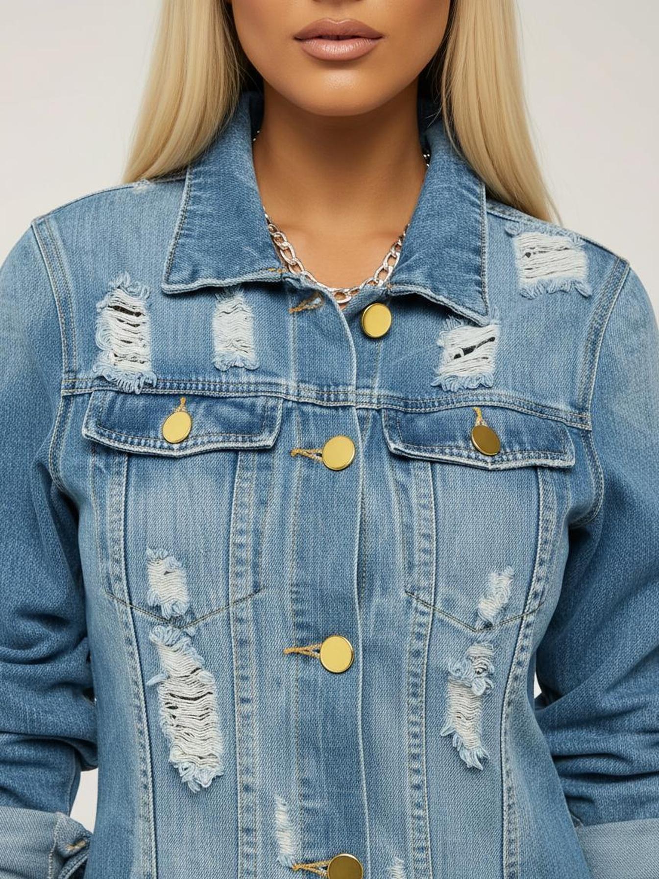 Women's Long Distressed Denim Duster Jacket Button Front Ripped Jean Coat with Pockets