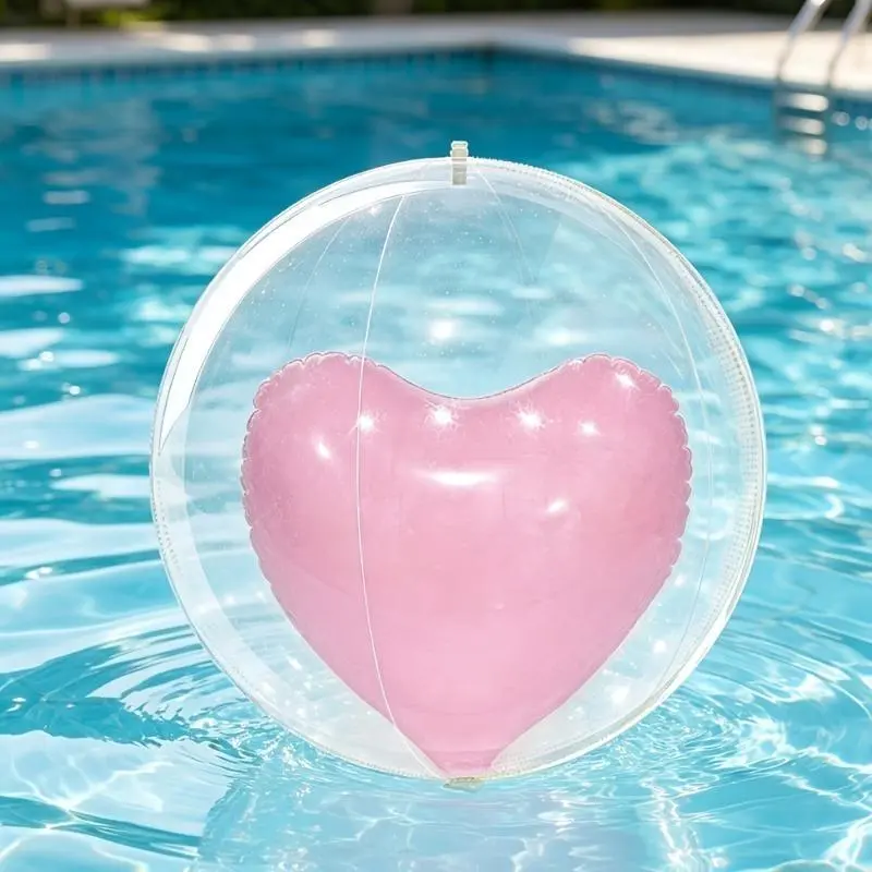 Unisex Transparent PVC Inflatable Beach Ball with Heart-Shaped Inner Ball, Waterproof Pool Float & Pool Accessories for Outdoor Summer Party Games & Decorations, Comfortable To Touch, Foldable For Storage, Holiday Events, Burst‑Resistant