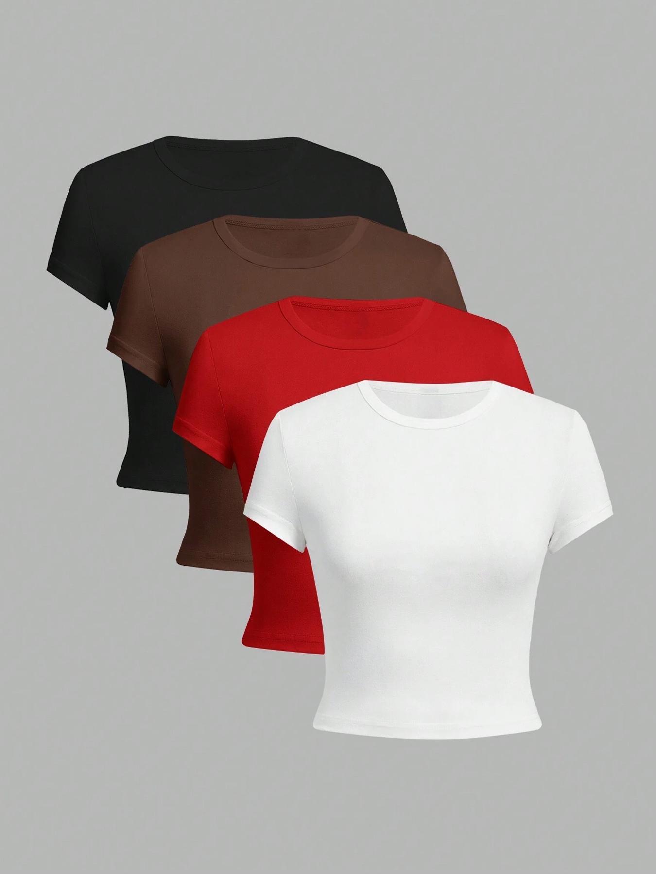 Women's Solid Round Neck Crop Tee, Casual Minimalist Short Sleeve Crew Neck Basic T-shirt for Summer, Ladies Clothes for Daily Wear, Womenswear, Classic T Shirt