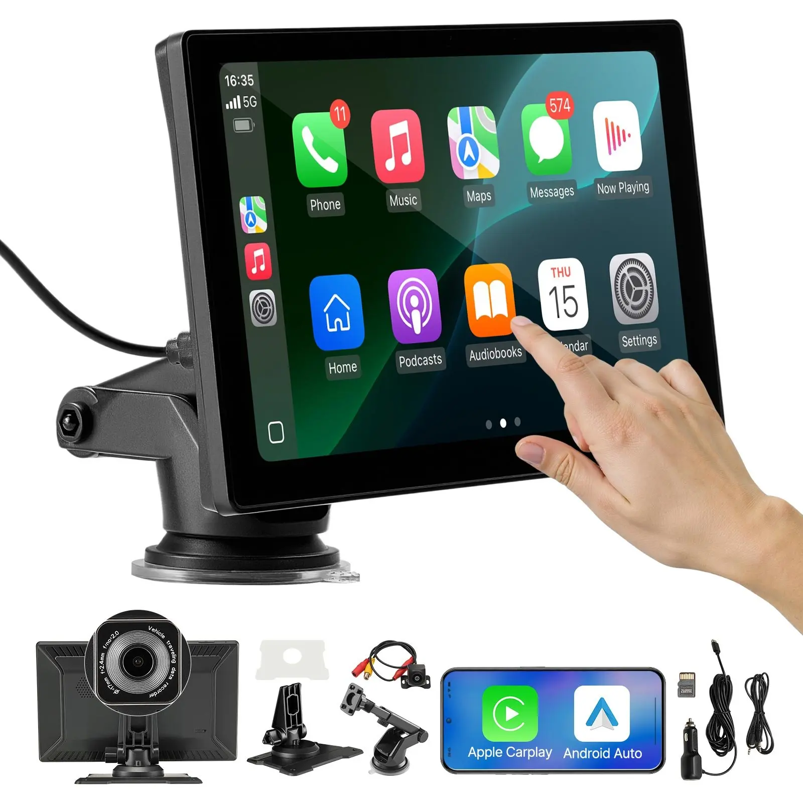 VEVOR Wireless Car Stereo, 9-Inch HD Portable Radio Touch Screen with Apple CarPlay and Android Auto, CarPlay Screen with Front Backup Cameras, Voice Control, Mirror Link, Bluetooth, GPS Navigation