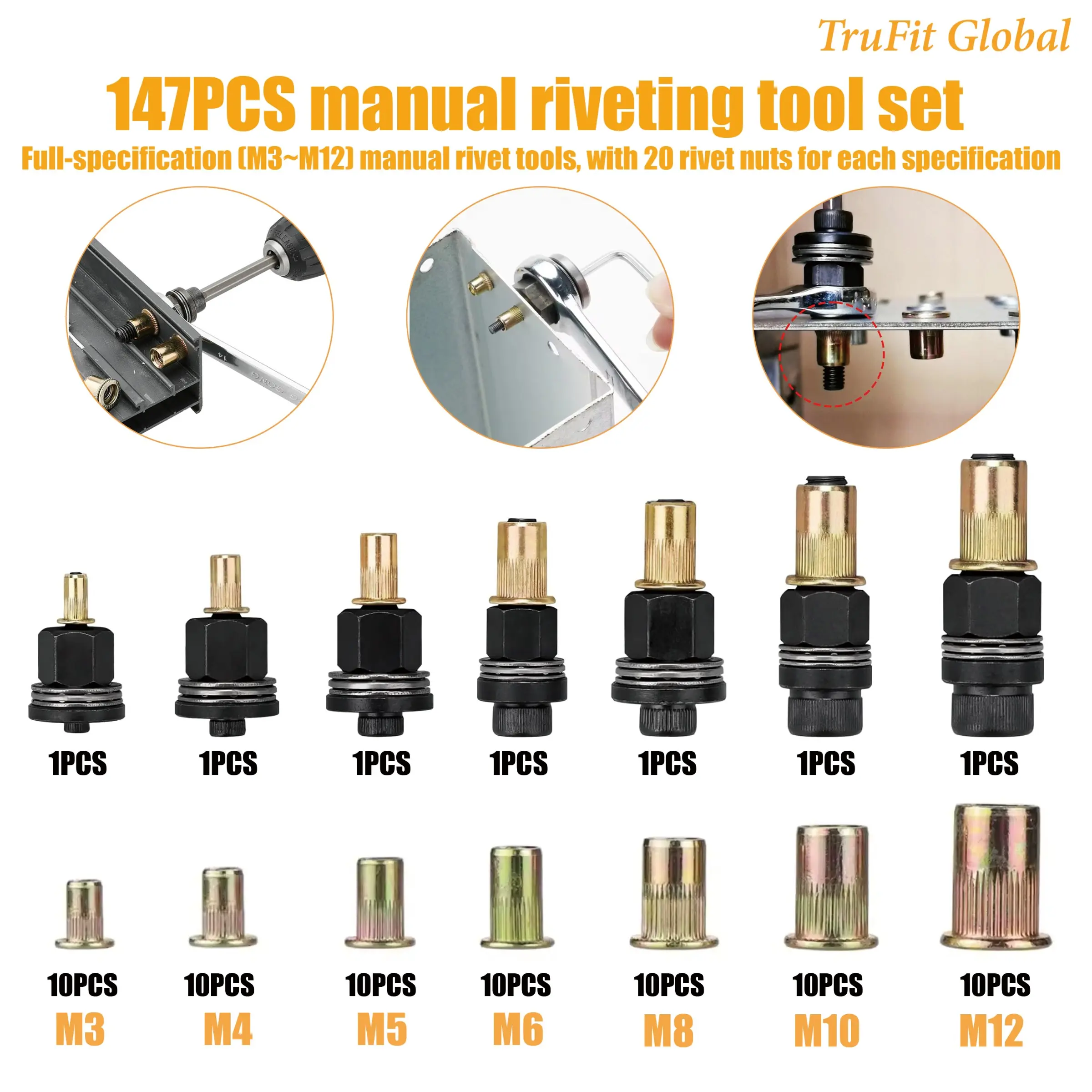 147 PCS Manual Riveting Tool Set - Riveting Gun, Riveting Nuts - 7 Specifications (M3 to M12) Each specification comes with 20 Riveting Nuts. Simple Installation Manual Riveting Tools for DIY. Multi-purpose Riveting Tools. Suitable for Automobile and Meta