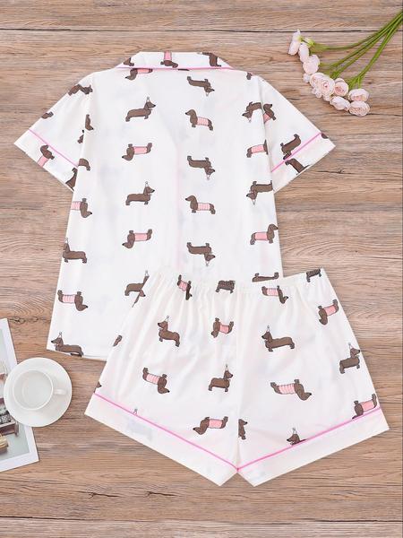 Women's All Over Dachshund Print Shirt & Elastic Waist Shorts Pyjama Two-piece Set, Casual Comfy Short Sleeve Collared Top & Shorts PJ Set, Ladies Sleepwear for All Seasons, Loungewear, Pajama Set, Pajamas