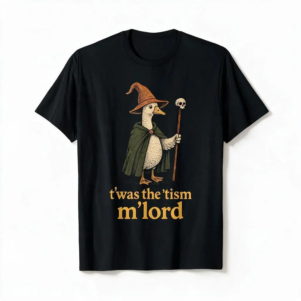Vintage Funny Meme Men’s T‑Shirt, Wizard Duck T'was The 'Tism M'lord Graphic Print Short Sleeve Crewneck Tee, Casual Street Style Cotton T‑Shirts for Men