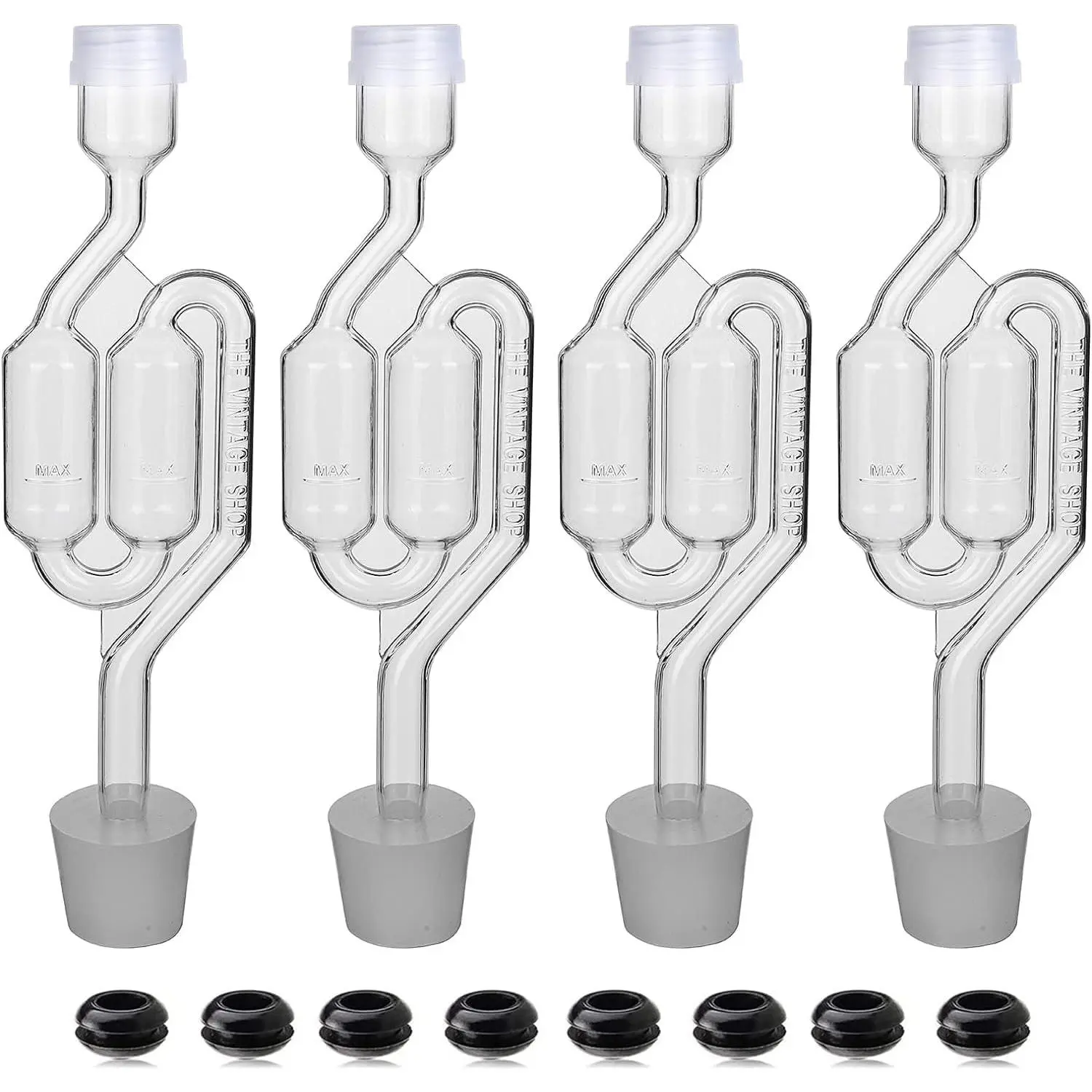Bubble Airlock Set, 4 Airlocks for Fermenting, 4 Drilling #6 Stoppers and 8 Airlock Grommets, Used for Brewing Wine, Beer, Sauerkraut, Pickles, Etc. Fermentation Bubbler Airlock