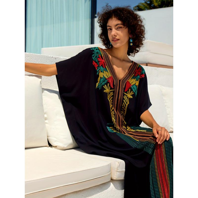 Moroccan Kaftan Dresses For Women Plus Size Caftans Loungewear Embroidered Beach Kaftan Cover Up Mumu House Dress Casual Sleeve