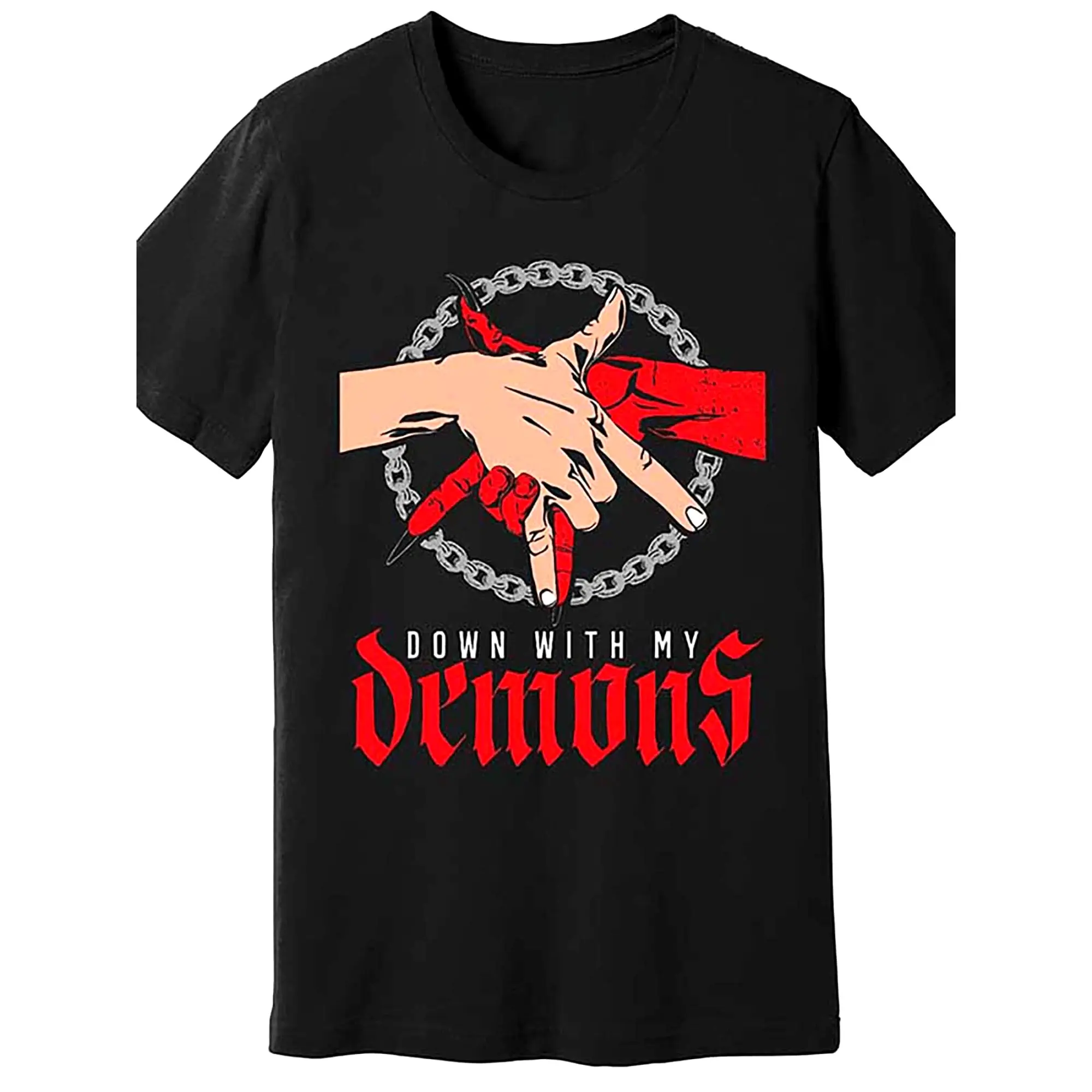 Gothic "Down With My Demons" Graphic T-Shirt, Unisex Edgy Streetwear Crewneck in Breathable Short Sleeve 100% Cotton, Tshirt, Top, Shadows, Classic, Fabric, Menswear, Aesthetic, Shortsleeve, Light