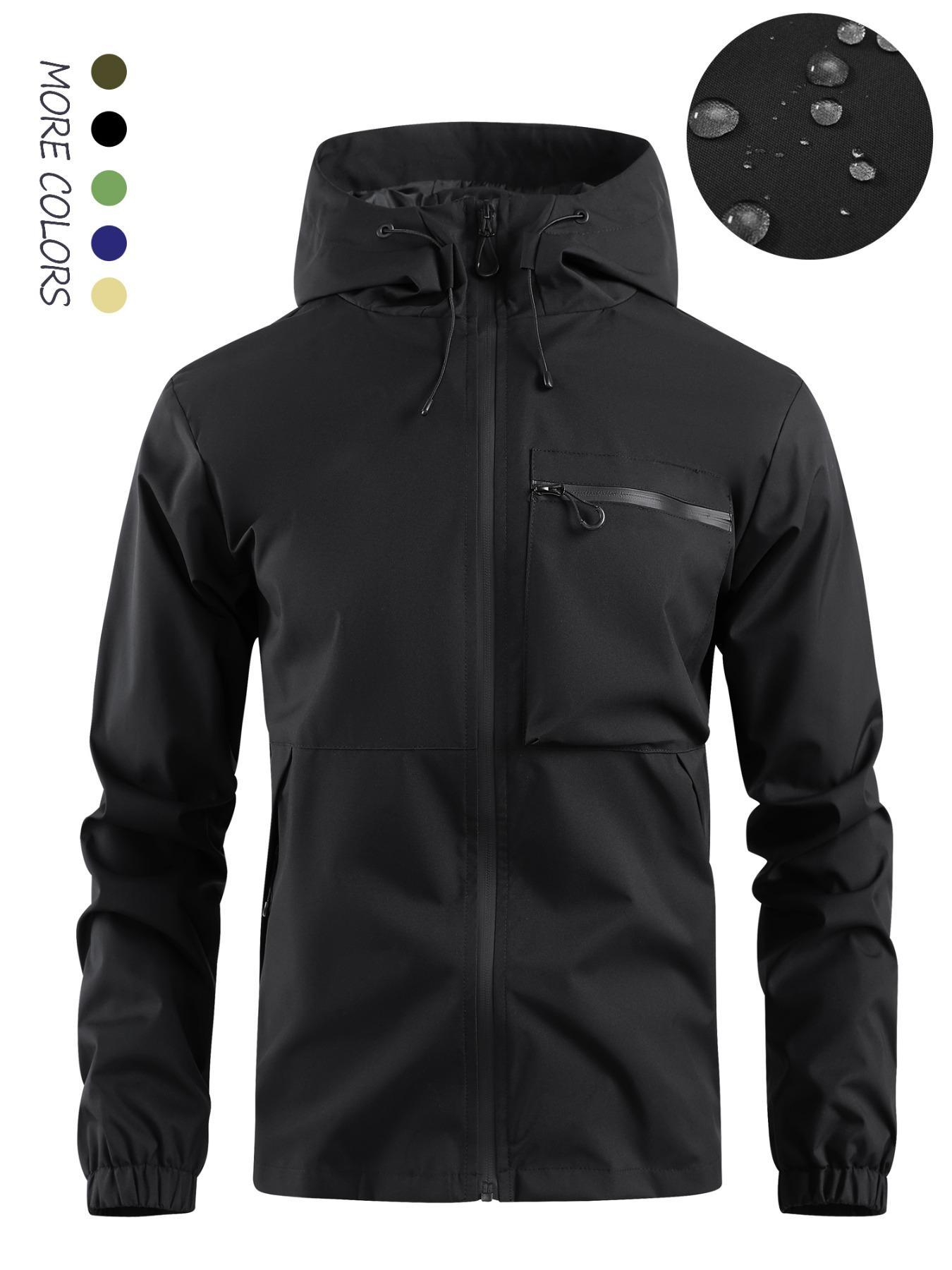 Men's Solid Pocket Drawstring Zip Up Hooded Waterproof Jacket, Regular Fit Casual Long Sleeve Windproof Jacket for Fall & Winter, Men's Clothing Jackets, Men's Outerwear for Outdoor Activities Technical Jacket, Jackets for Men Coats