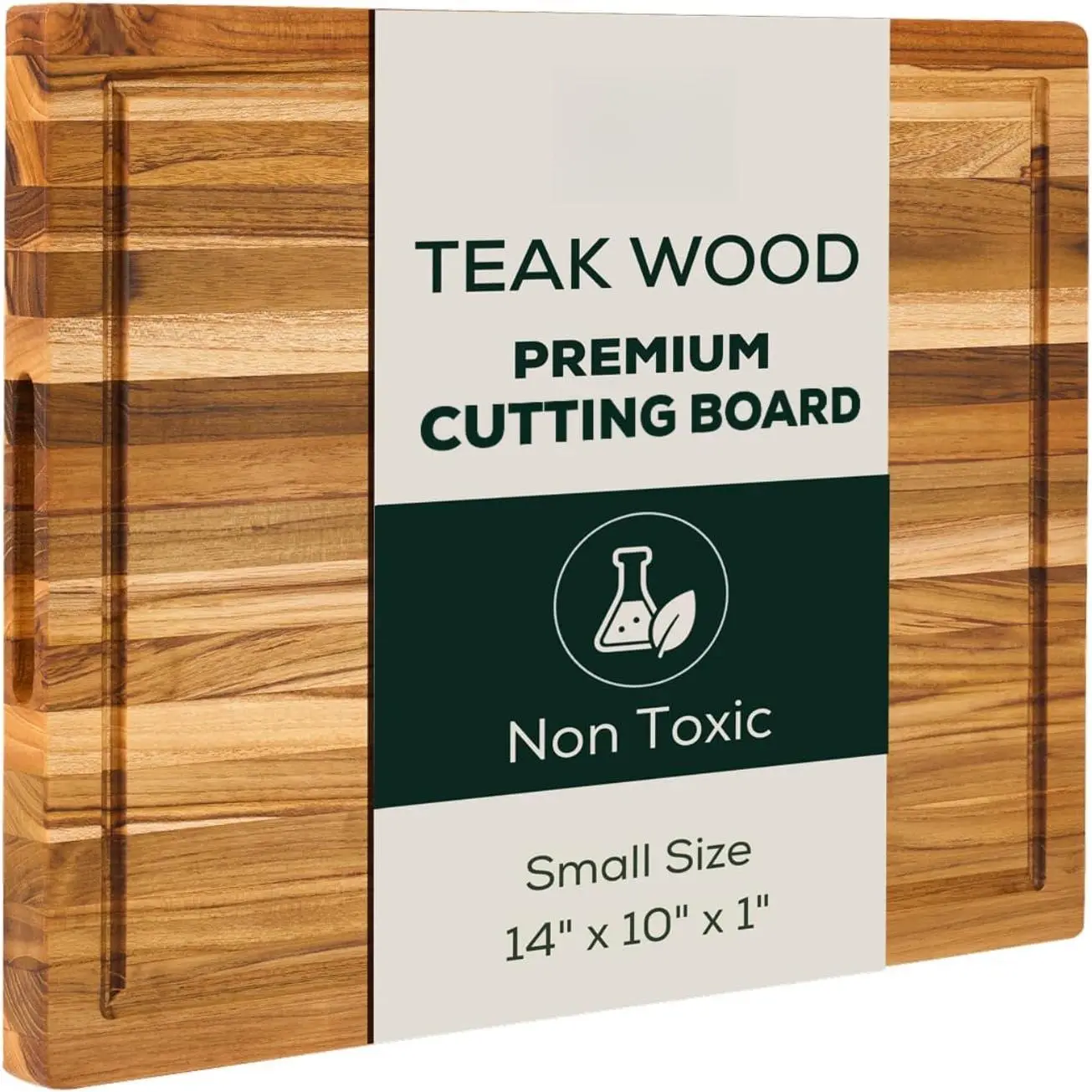 Small (S) Teak  Grain  Board, Reversible, -Friendly Charcuterie   Board with Juice  & Handles, ,  Box Included (14" x 10" x 1")