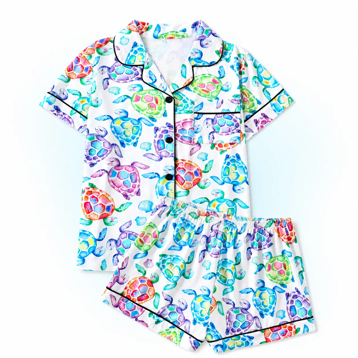 Women’s Sea Turtle Pajama Set, Colorful Watercolor Ocean Print Short Sleeve Button Down Sleep Shirt and Elastic Waist Shorts, 2 Piece Summer Sleepwear Lounge Set, Cute Coastal Beach Vacation Nightwear Gift for Turtle Lovers