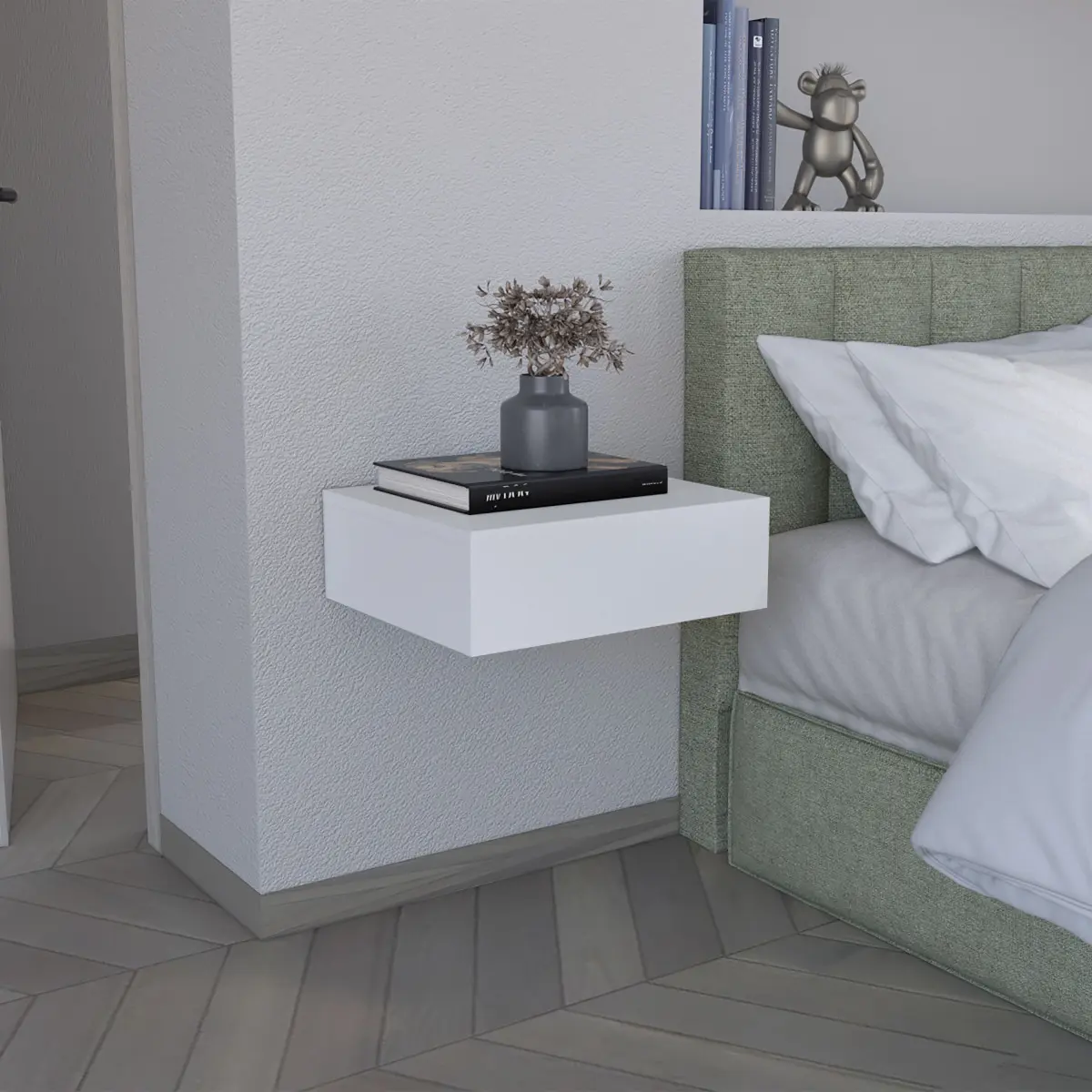 Floating Nightstand 5"H, Modern Wall-Mounted Bedside Shelf with Drawer, White
