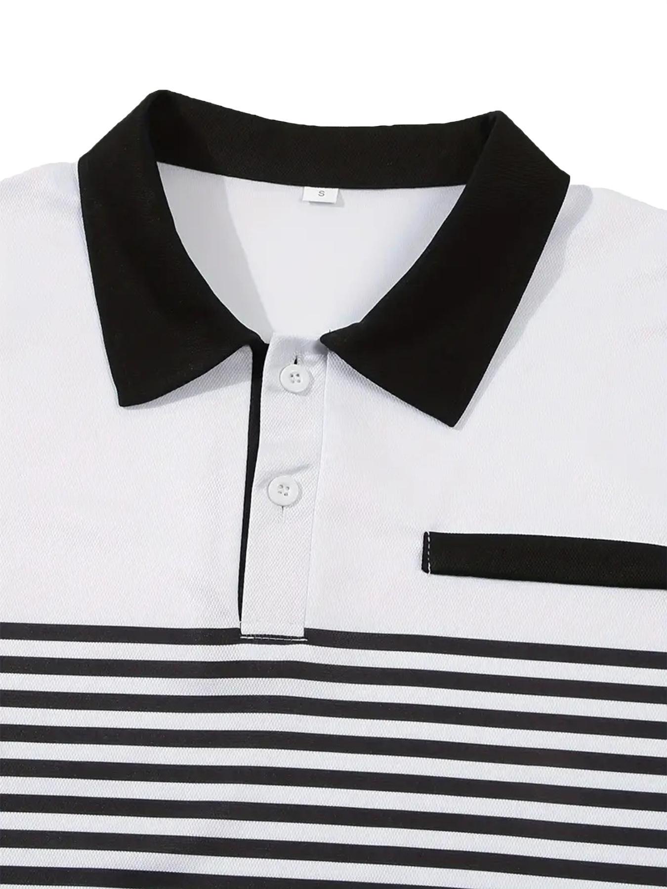 Men's Regular Fit Colorblock Striped Print Polo Shirt, Casual Short Sleeve Button Front Top for Summer, Fashion Men's Clothes for Daily Wear