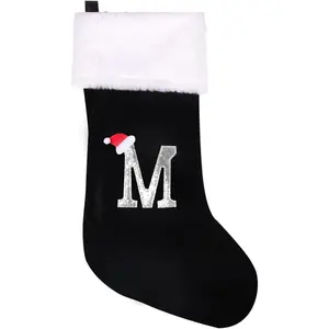 20 Inches Initial Monogram Personalized Christmas Stocking, Deluxe Black Velvet with Super Soft Plush Cuff Embroidered Letter, Holiday Season Decor (Black, Letter M)