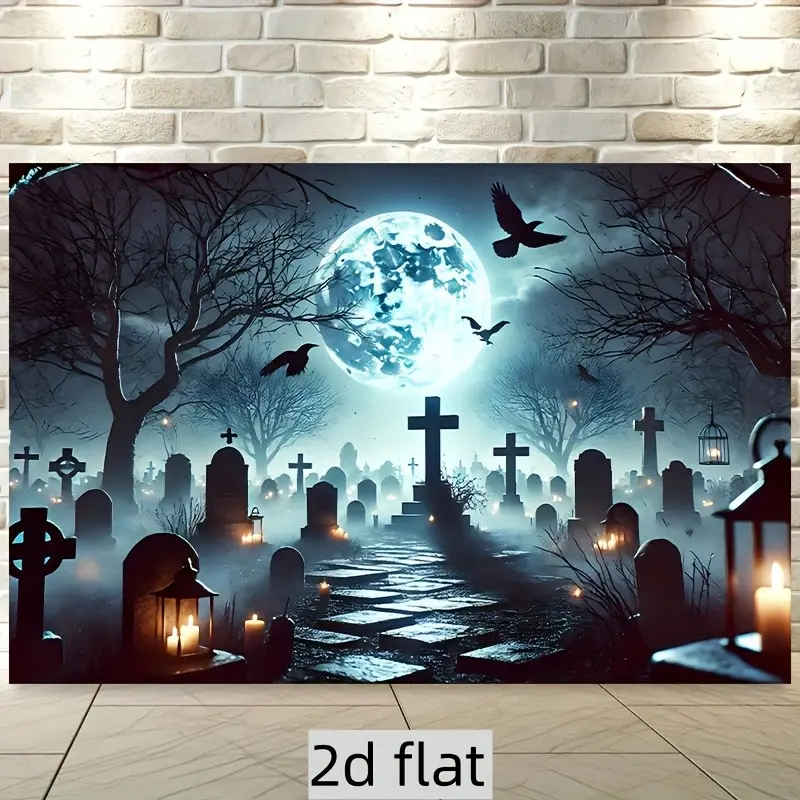 Gothic Atmosphere Halloween Banner, Polyester Wall Decor, Full Moon Cemetery Path, Spooky Graveyard Background, Perfect for Halloween, Backdrops for photoshoot