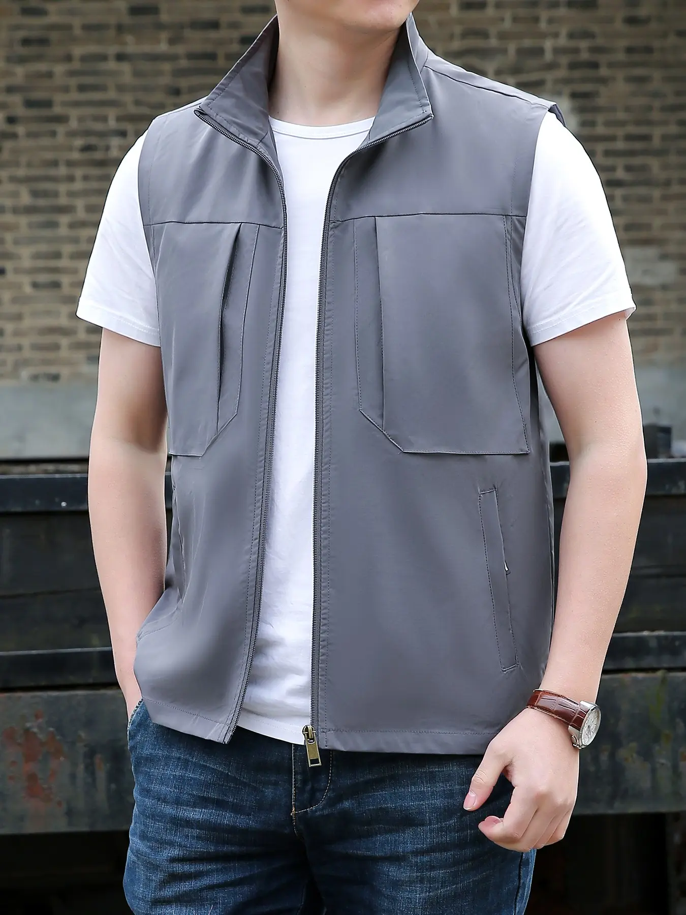 Men's Work Vest, Multi-Pocket Quick-Dry Fishing Vest, Casual Sleeveless Outer Vest, Loose-Fitting Medium Length, Spring & Fall, Sleeveless Gilet