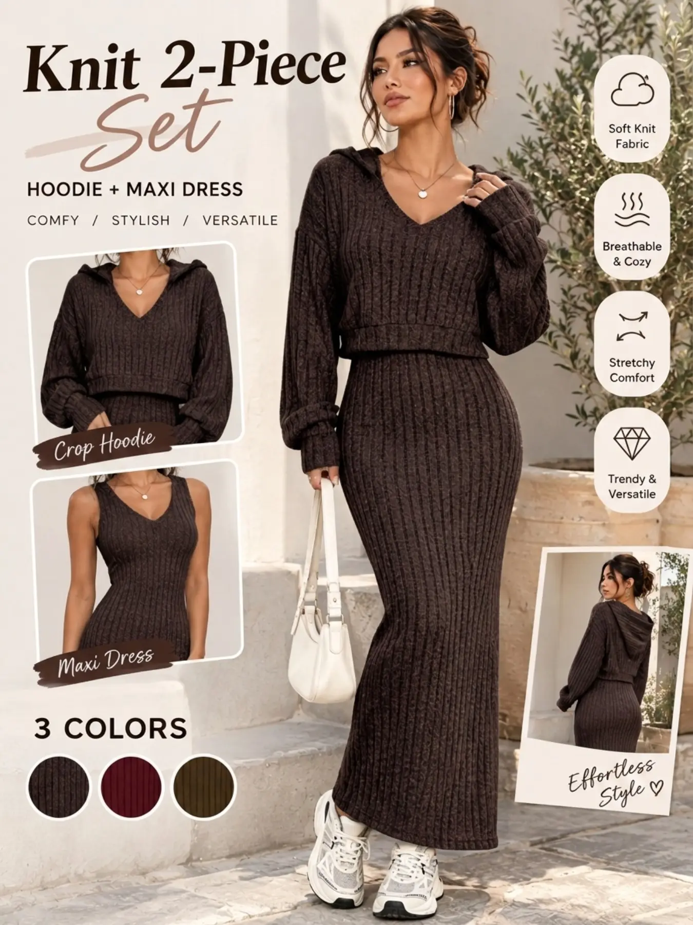 Women’s Ribbed Knit Matching 2 Piece Set, Long Sleeve Crop Hoodie and Sleeveless Bodycon Maxi Dress, Cozy Stretch Casual Outfit for Daily Wear，Stretchy Cozy Casual Clothes for Spring and Fall Daily Wear