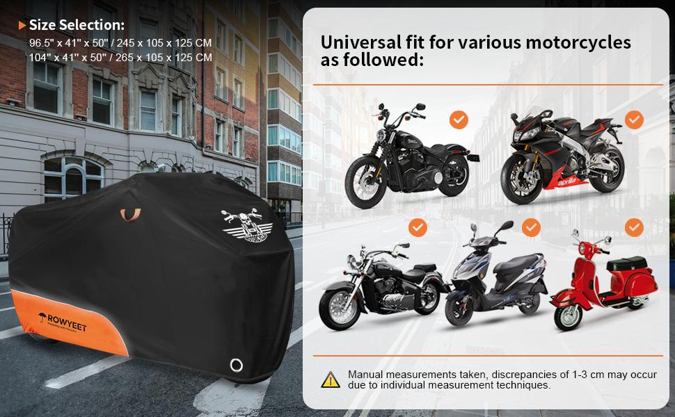 THE WELL KEPT Waterproof Motorcycle Cover for Outdoor Storage with Lock-Holes, Zipper Storage Bag and Night Reflective Design, All Season Protection, Fits up to 96.5" Motorcycles