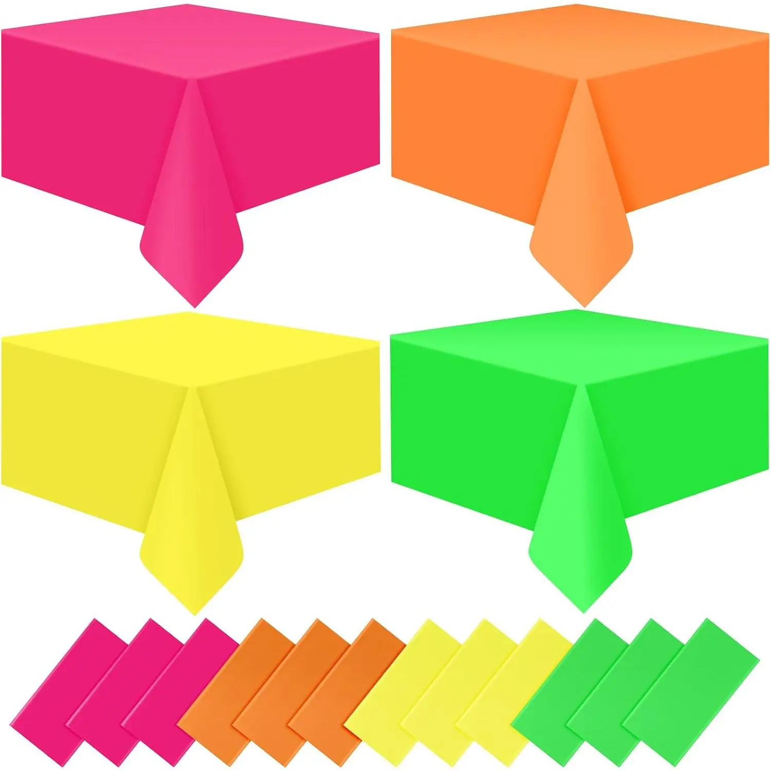 12 Pcs Neon Color Plastic Tablecloth for Rectangle Tables, Disposable Assorted Color Table Cloth, Pink Orange Yellow Green Colorful Table Cover for Neon Birthday Picnic Party Decorations, 54 x 108Inch