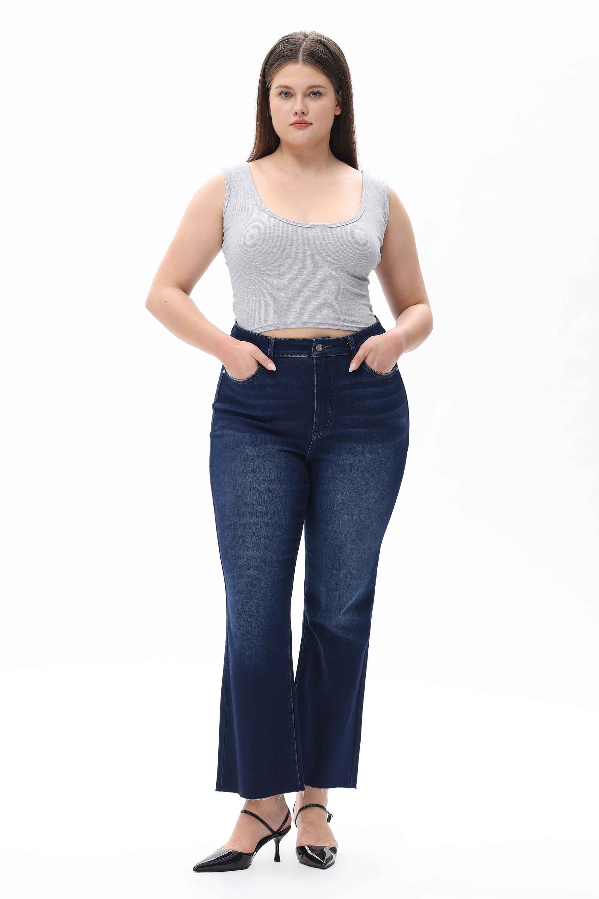 Retro Dark Wash Flare Jeans for Curvy Women, High Waisted Bootcut Cropped Denim |   Must-Have Streetwear