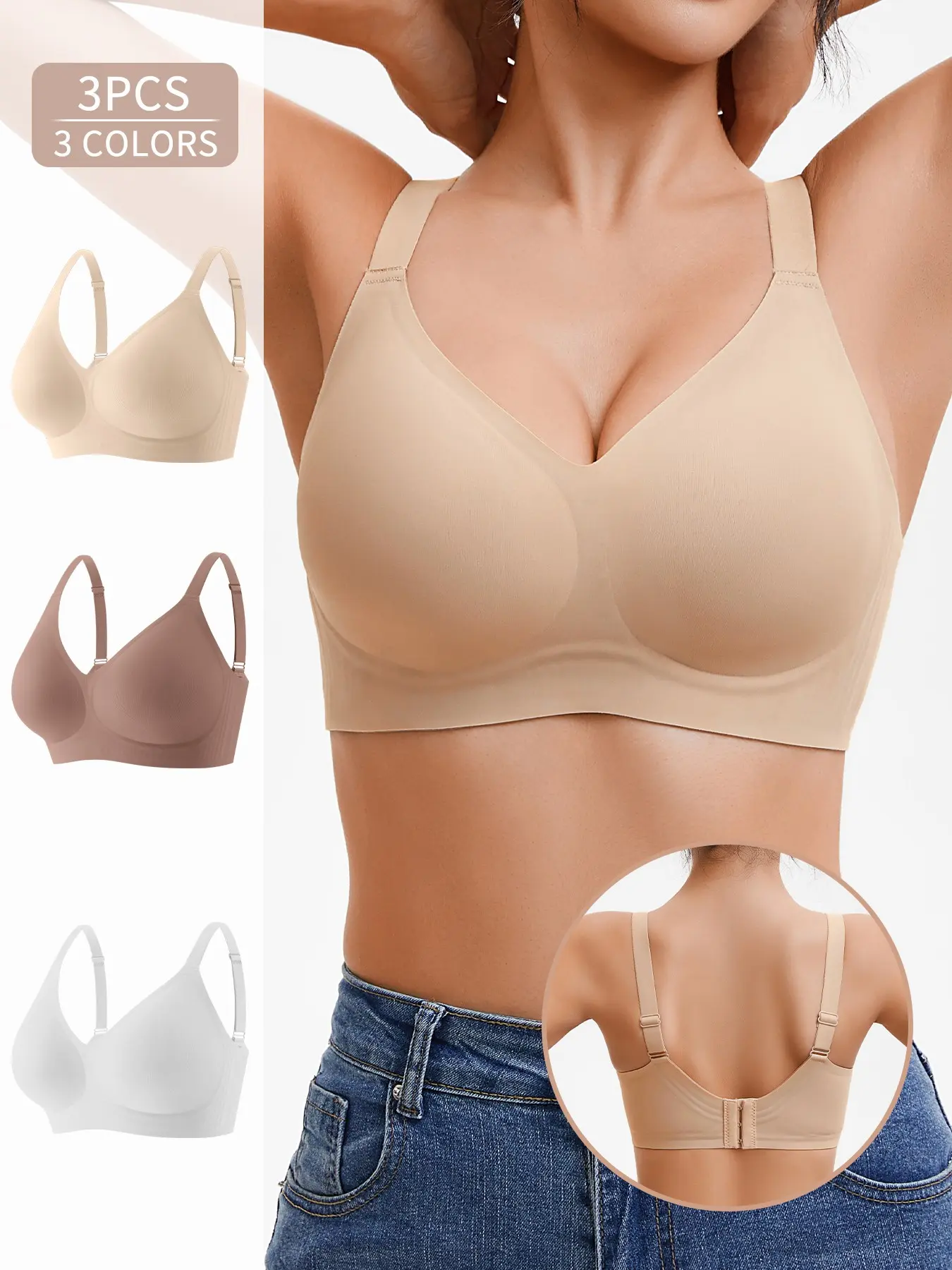 1/2/3/4PCS Jelly Bra, Solid Color, Simple & Comfortable Casual Wear. Wireless, Deep V Neck, Semi-Attached Cotton Cups, Seamless Design, Lift & Support Women's Seamless Bra Underwear