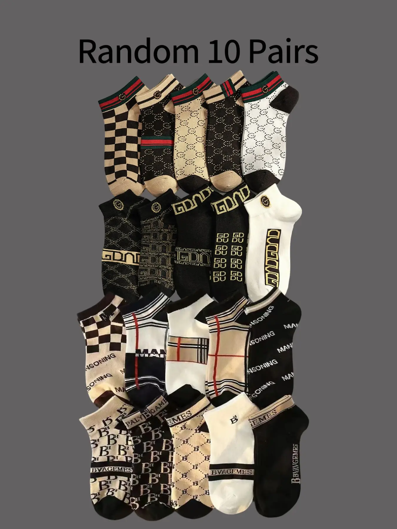 Men's Vintage Chessboard Letter Ankle Socks, 10 Pairs, Sock Set Foot, Moisture-Wicking Breathable Athletic Sports Socks, Trendy Footwear, Socks For Sweaty Feet