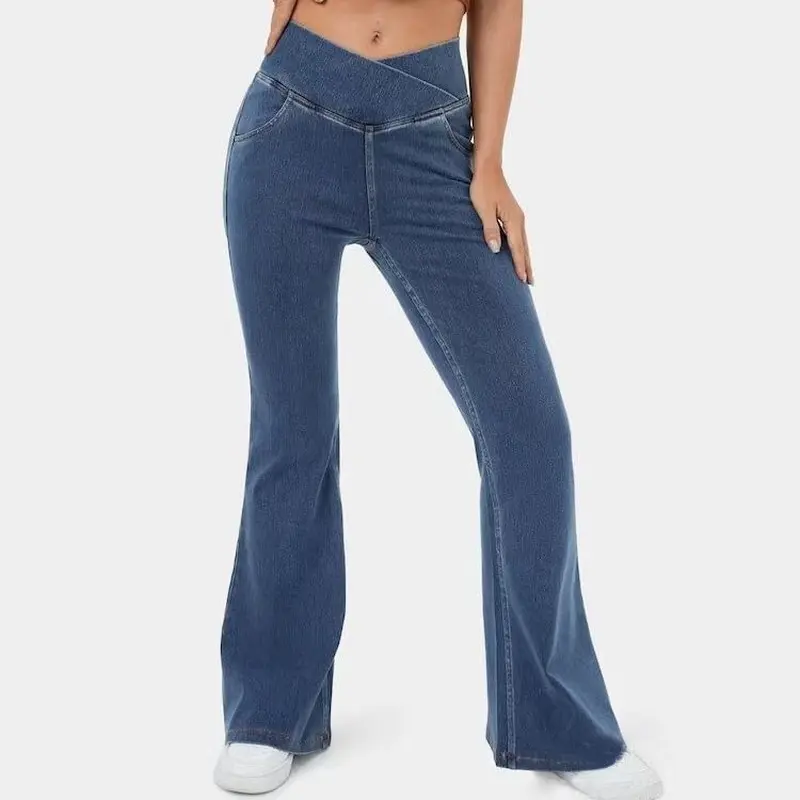 Women's denim bell-bottom pants, cross-border, hip-lifting, European and American style, elegant bell-bottom pants