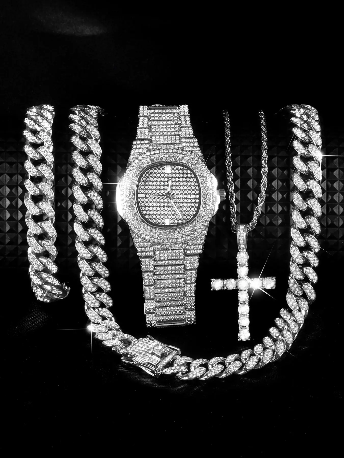 Men's Punk Style Rhinestones Decor Analog Quartz Movement Wristwatch Set, Rhinestone Watches, Fashion Watch & Cuban Chain Bracelet, Chain & Cross Pendant Necklace, Hip Hop Style Jewelry Set for Party, Daily Decor, Watch Gift Set, with Box
