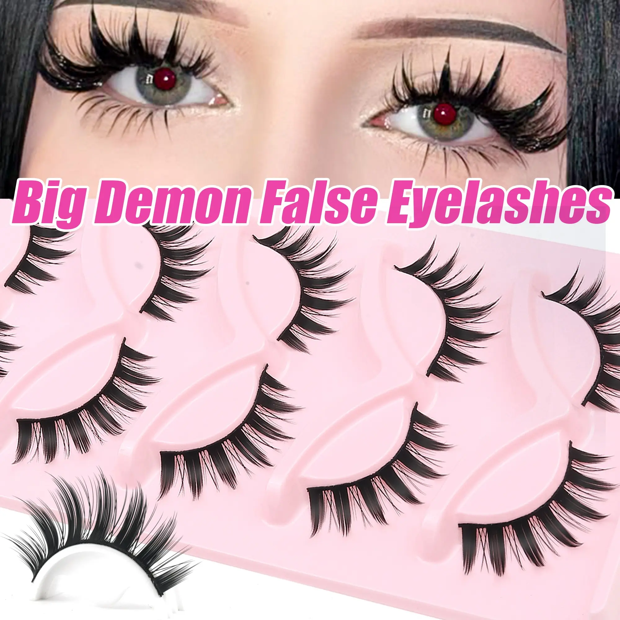 5 Pairs Sharp Devil False Lashes, Exaggerated Comic Style Hard Stems, Soft Silk Fiber Reusable, for Cosplay, Halloween, Party, Stage Makeup