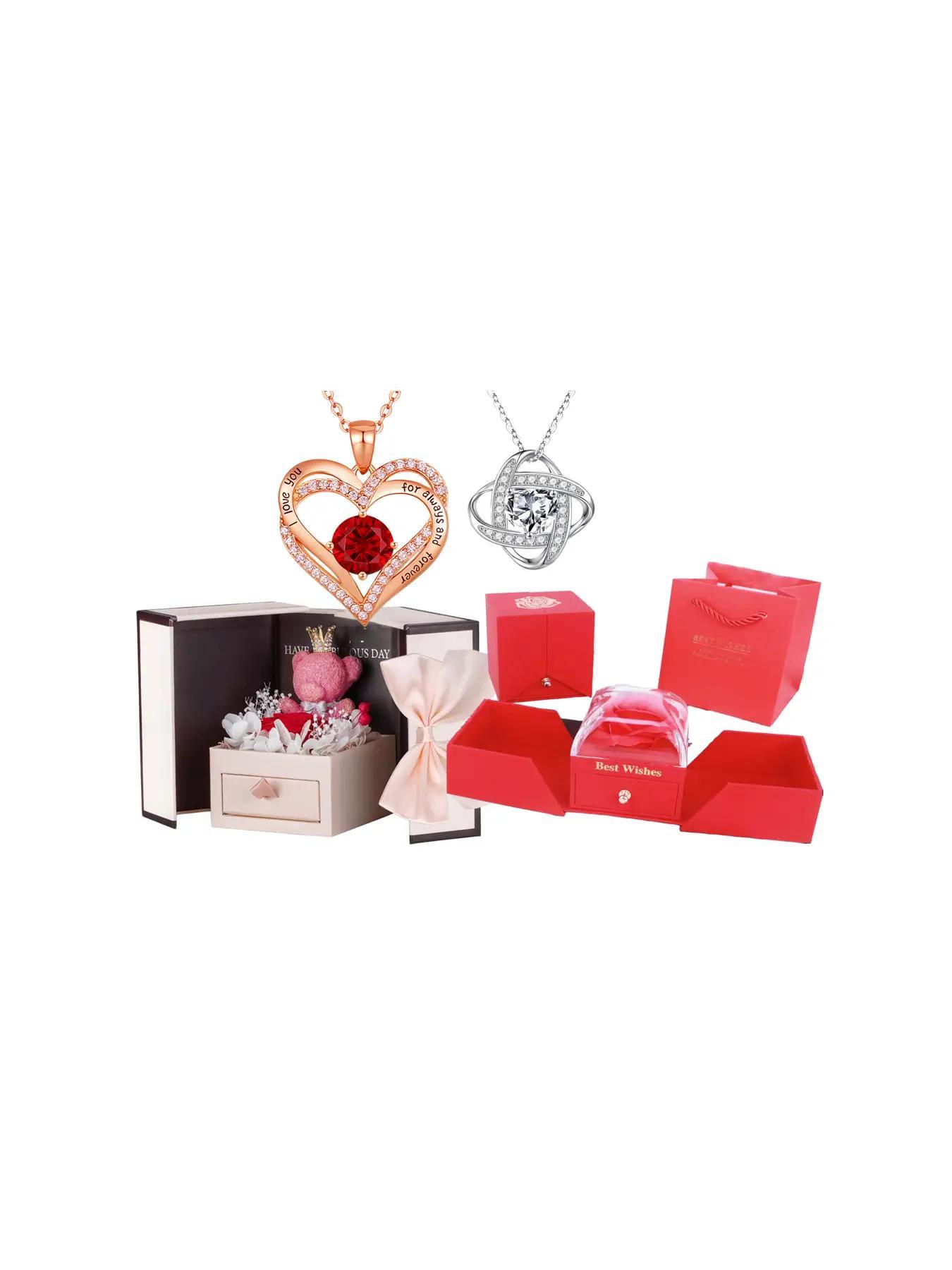 Mother's Day Rhinestone Heart Pendant Necklace Gift for Women, 'I Love You' Engraved Dainty Summer Jewelry with Flower and Gift Box
