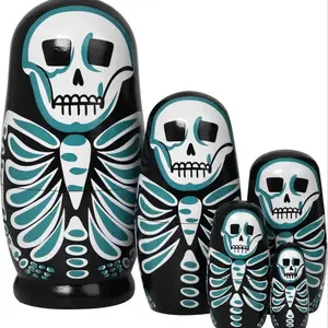 Nested Skulls, 5-Piece Handmade Wooden Russian Nesting Dolls, Halloween Home Decor Gift, Unique Crafted Ornaments for Festive Season