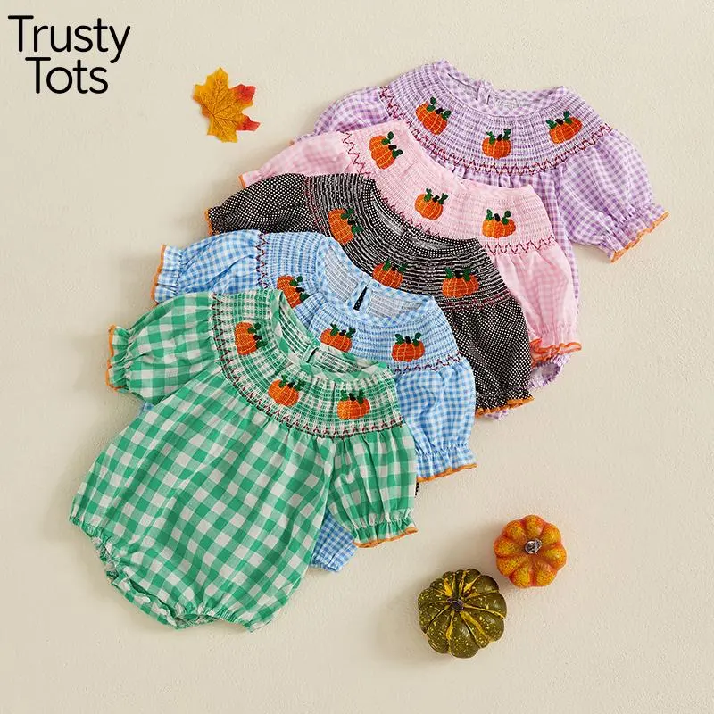 Green White Check Toddler Short Sleeve Onesie Decorative Pumpkin Stitching Snap Closure Fall Daily Baby Photo Outfit Halloween Infant Bodysuit
