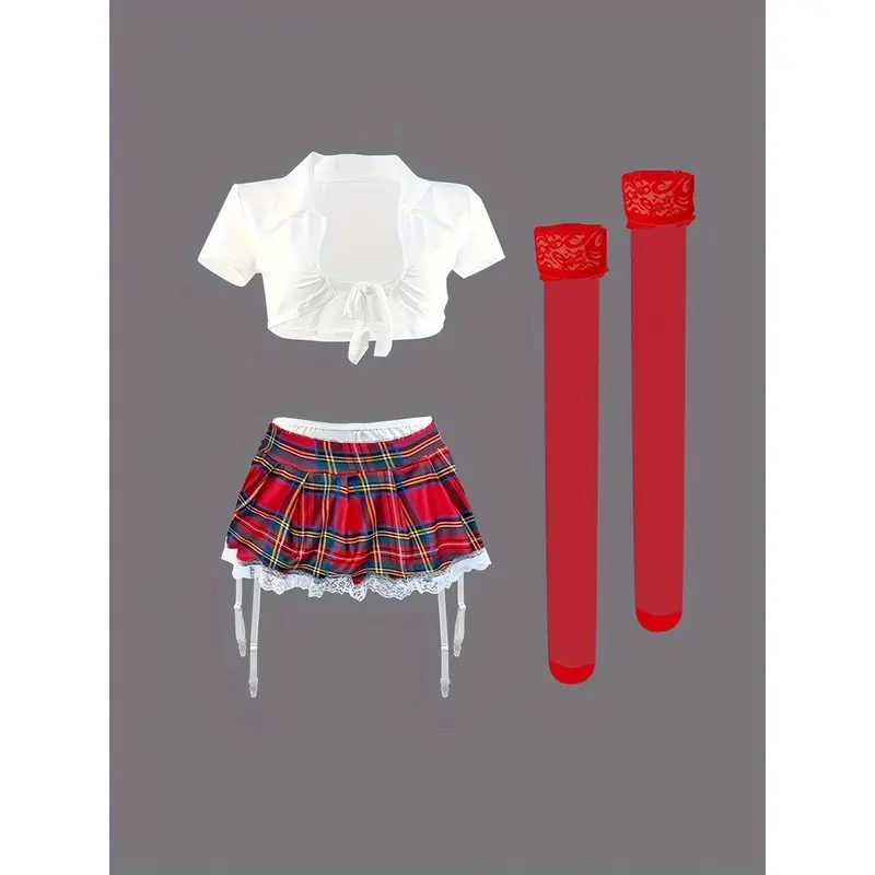 Women's Polyester Sexy JK Uniform Costumes Gartered Lingerie Set - Academic Look Tops, Miniskirts for a Sultry Vibe, Gartered Set
