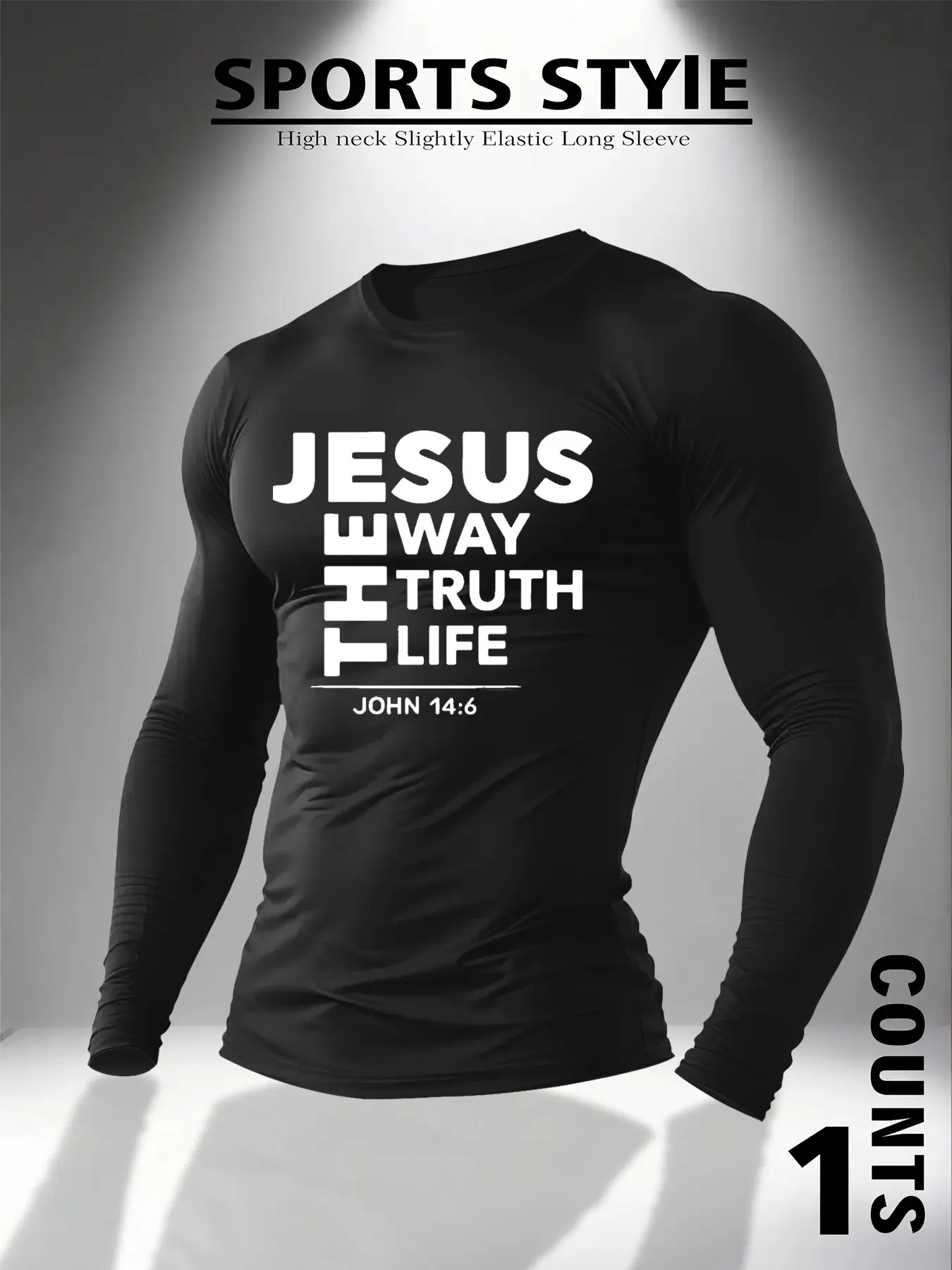 Men Crew Neck Long Sleeve Compression Sports T-Shirt Solid Black Bold Font Jesus The Way The Truth The Life John 14:6 Bible Verse Chest Graphic Print Slightly Elastic Quick Dry Muscle Fit Athletic Base Layer For Weightlifting Jogging Daily Layering Street