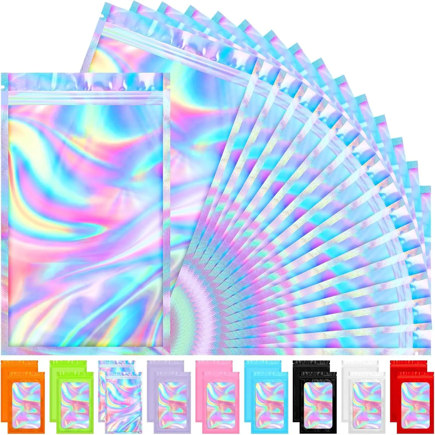 100 PCS Mylar Holographic Bags, Clear Resealable Bags, Scent Bag, Bracelet Bag, Valentines Day Decorations Gift Baggies for Dulces, Lipgloss, Eyelash, Jewelry Packaging| 5.5x7.9 Inch