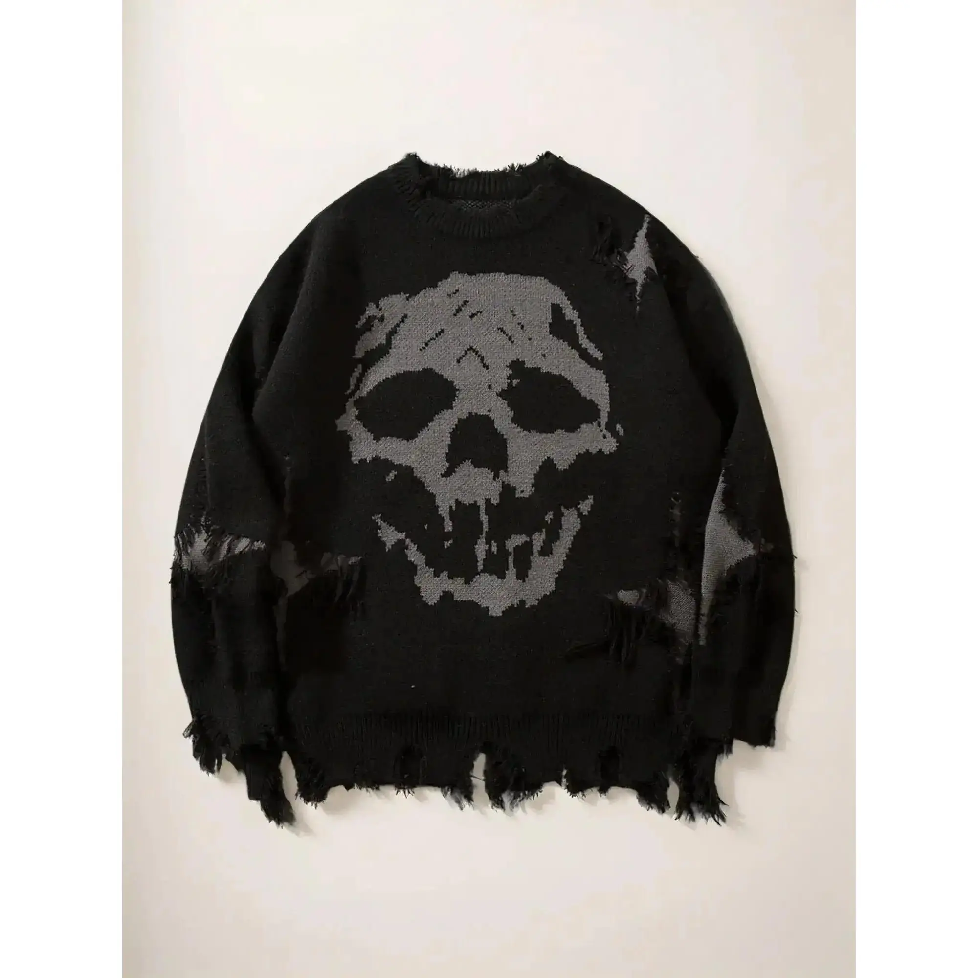 Women's Graphic Knitwear Sweater, Distressed Crew Neck Pullover with Ripped Edges, Casual Loose-Fit Top with Longsleeves, Distressed Look, Round Neck, Pullover Top, Clothes, Pullover Sweater Womenswear Black