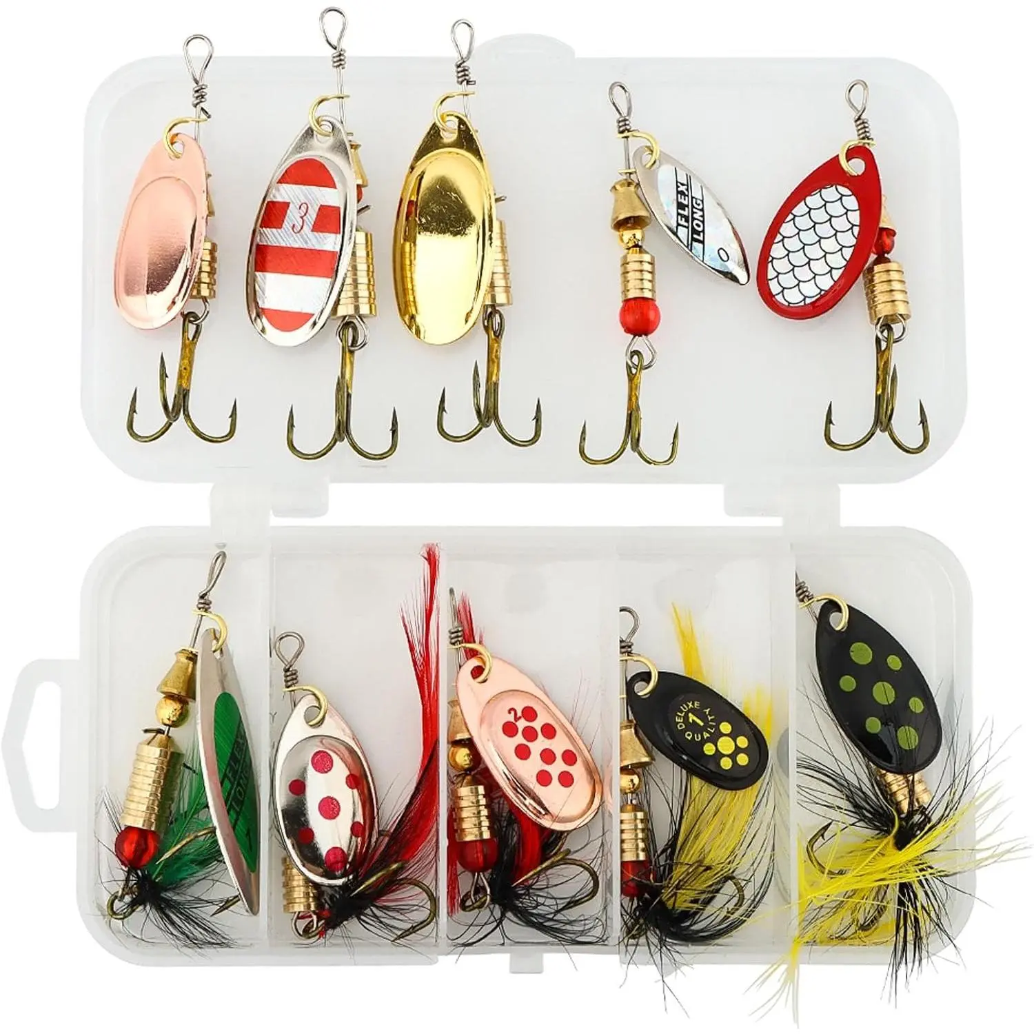 10 count Fishing Lure Spinnerbait with Feathered Treble Hooks Rooster, Spinner Lures Baits with Tackle Box, Fishing Gear Fishin-g Spinners for Bass Salmon Trout