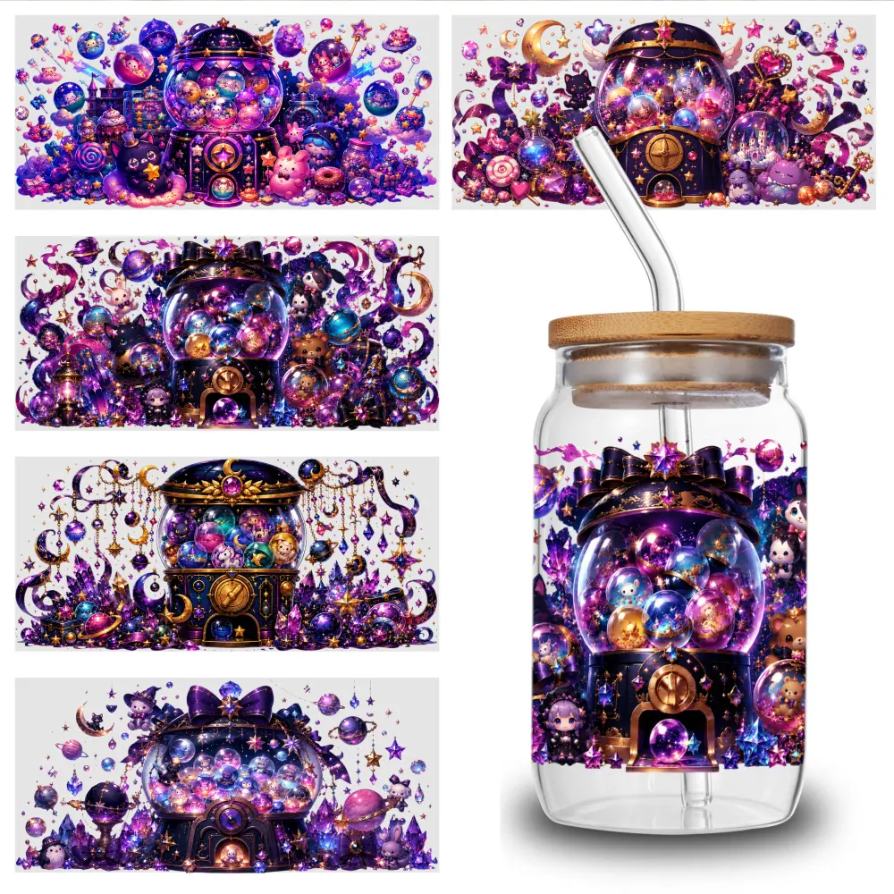 5 Pcs Cosmic Gumball Floral & Bird Theme UV DTF Transfer Stickers, 9.4*4.3inch Bright 3D Crystal Effect 16oz Libbey Cup Wraps, Waterproof Scratch-Resistant Self-Adhesive DIY Decals for Home Decor Cup Decoration, Cosmic Theme, Glossy