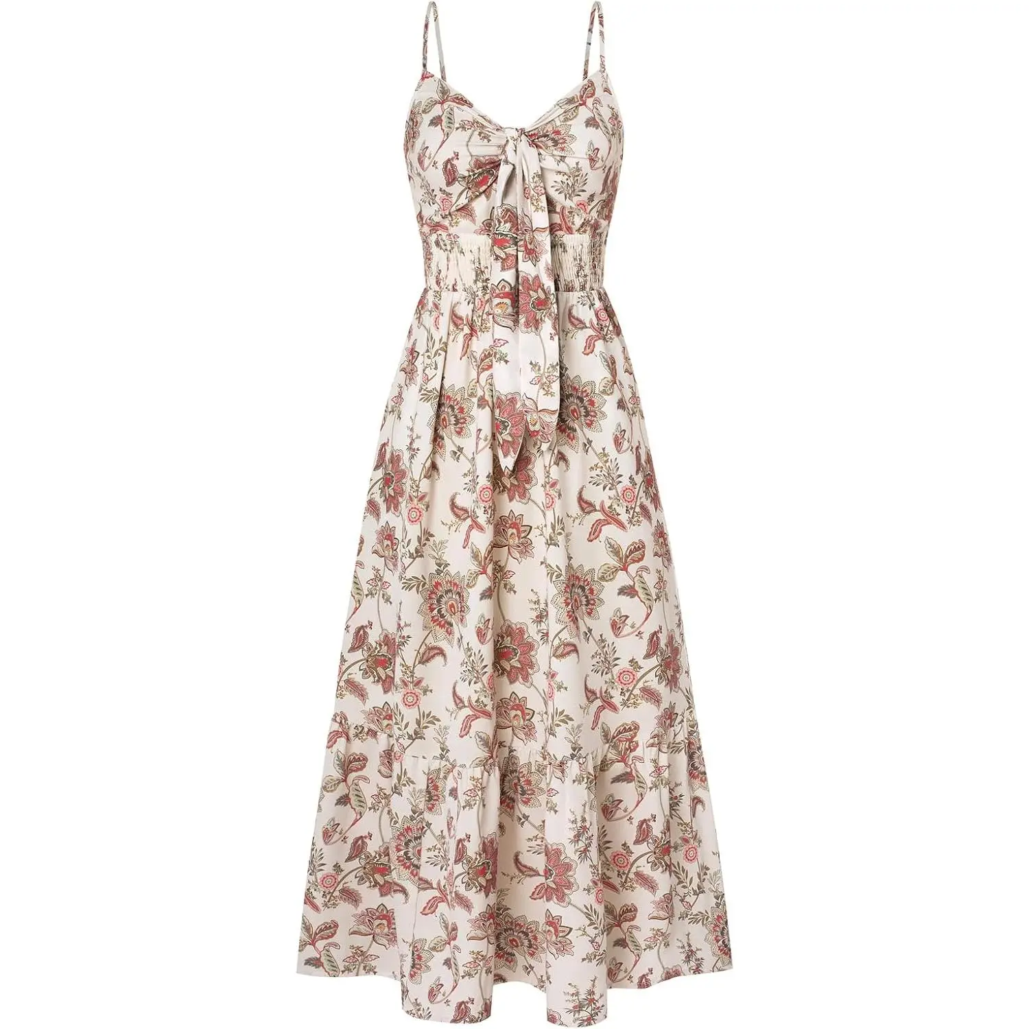 Women's 2026 Summer Floral Spaghetti-Strap Boho Maxi Dress - Chic, Flowy, Casual Wear with Print, Cutout, Pocket for Beach Vacation, Garment, Polyester, Birthday, Swing, Holiday, V-Neck, Hang Dry, Machine Washable