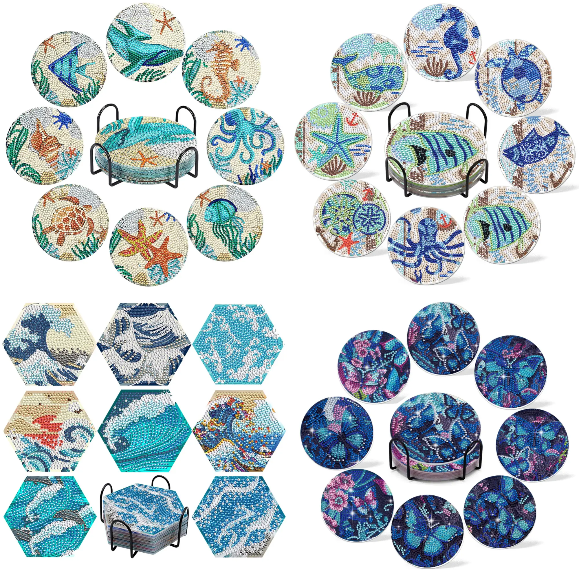 8pcs Wave Themed DIY Diamond Painting Coaster Set with Storage Rack, Stress Relief Handicrafts for Adult Beginners, Suitable for Dining Table & Living Room Home Decoration, Ideal Holiday Gifts