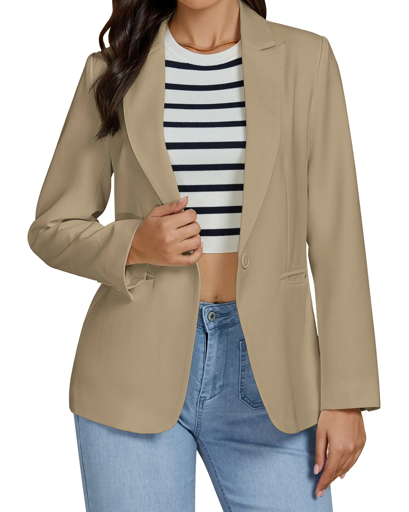 Luvamia Women's Fitted Style Dressy Blazer - Button Long Sleeve, Lapel Collar, Pockets, Soft Lightweight Fabric, Business Casual Office Work Outfit, Comfortable, Evening